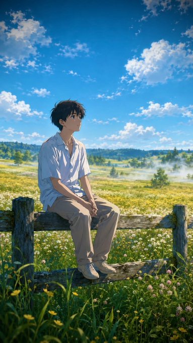 An anime-style illustration of a young boy with dark hair sitting on a wooden fence in a field of wildflowers under a bright blue sky with scattered clouds.