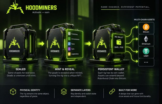 HOODMINERS promotional graphic showing a three-stage rig process (Sealed, Mint & Reveal, Persistent Wallet) with tiers Common/Uncommon/Rare/Epic/Legendary, multi-chain assets (BTC, ETH, USDT), and the tagline 'Activate — earn.'