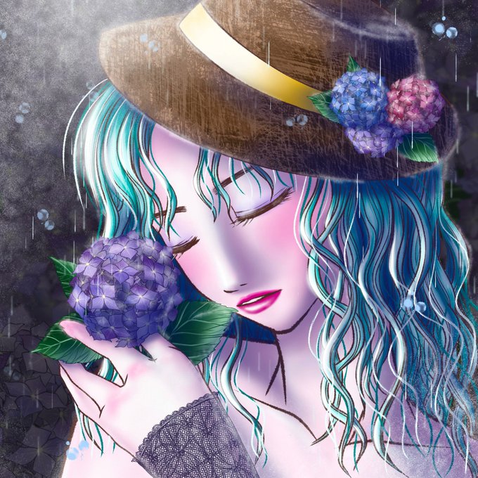The image features a beautiful woman with blue hair wearing a brown hat, holding a purple flower in her hand. The background of the image is dark, which contrasts with the bright colors of the woman's hair and the purple flower she is holding. There are also some text elements present in the image that read "Listen to the whispers of the hydrangeas." This phrase seems to be related to the flower held by the woman, possibly symbolizing a connection between nature and human emotions or experiences.