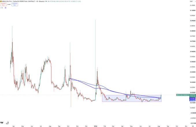 A candlestick chart of the BROCCOLI/USDT perpetual contract on Binance shows a 500-day accumulation range (highlighted in blue) being broken out of, with price currently at 0.023, supporting the post's claim of a breakout from CZ's Dog-themed meme token.