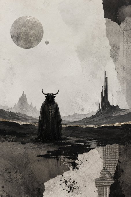 A monochrome, textured artwork shows a lone horned, cloaked figure standing in a desolate landscape with a large moon overhead and a distant castle or tower structure on the right.