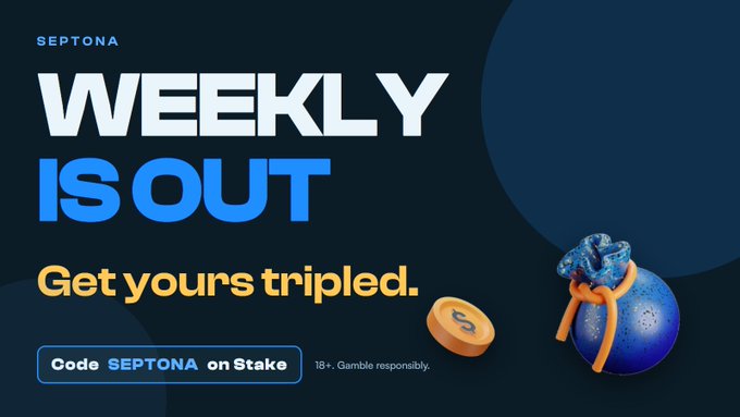 A promotional banner featuring the text "SEPTONA," "WEEKLY IS OUT," and "Get yours tripled," along with a "Code SEPONA on Stake" call-to-action, accompanied by an illustration of a blue money bag and a gold coin — visually reinforcing the post's offer of a tripled weekly bonus using the promo code SEPTONA on Stake.