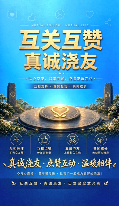 A Chinese promotional poster with blue background featuring large text "互关互赞 真诚浇友" (Mutual Follow, Mutual Like) with decorative elements and icons promoting social media engagement.