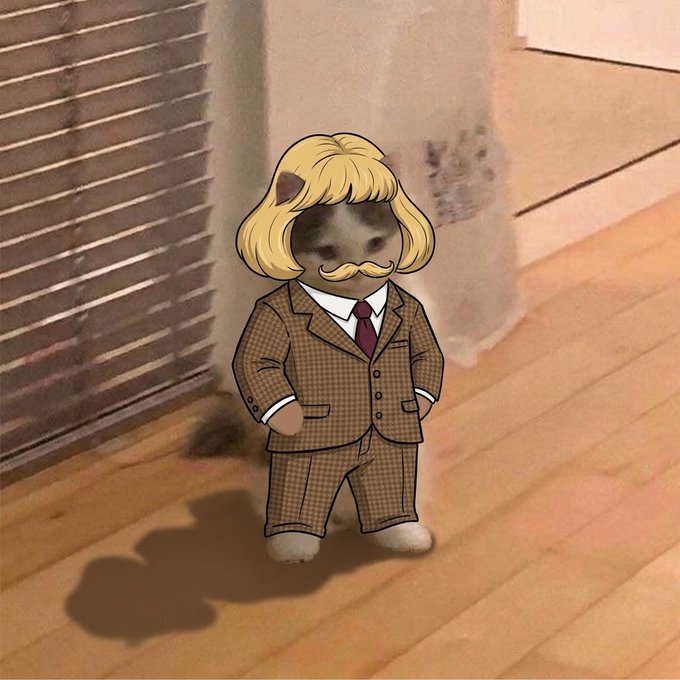 An animated chibi-style character with a blonde bob, mustache, and brown checkered three-piece suit stands in a room with wooden floors.