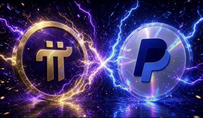 Pi Network (π) and PayPal (P) logos face off amid electric lightning, symbolizing a clash between traditional fiat-backed finance and the decentralized, quantum-secure vision of Pi.