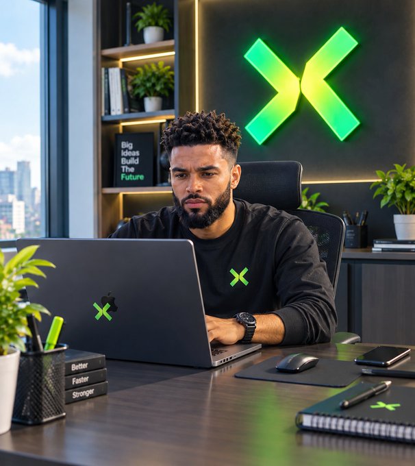 A man wearing a black sweatshirt with a green 'X' logo sits at a desk working on a laptop with a matching green logo, with a large illuminated green 'X' sign on the wall behind him.