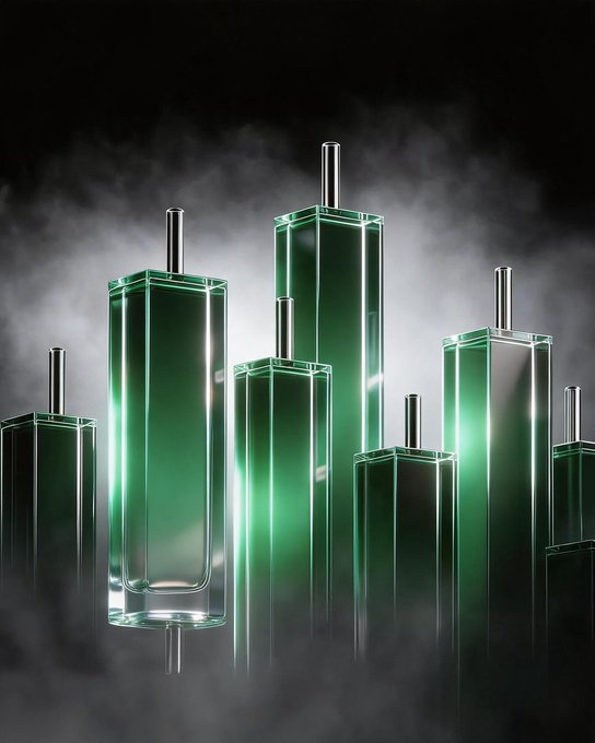 A collection of green glass perfume bottles stand tall against a smoky, dark background, emitting an ethereal glow. The image visually parallels the post's metaphor of a "cleared market fog," with the luminous green bottles symbolizing bullish gains on the KuCoin app.