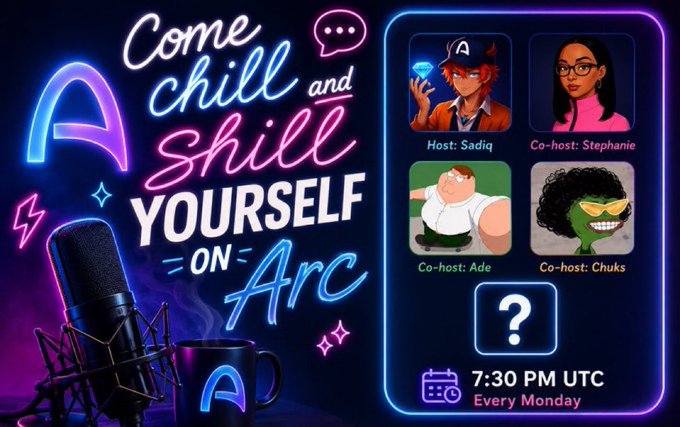 Promotional graphic for 'Come chill and shill yourself on Arc' podcast, hosted by Sadiq with co-hosts Stephanie, Ade, and Chuks, airing 7:30 PM UTC every Monday.