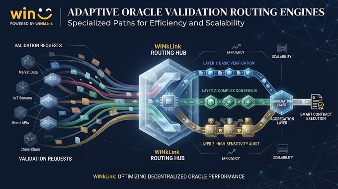 An infographic from WinLink titled 'ADAPTIVE ORACLE VALIDATION ROUTING ENGINES' showing a three-layer system with validation requests flowing from market data and IoT sensors through a routing hub for smart contract execution.