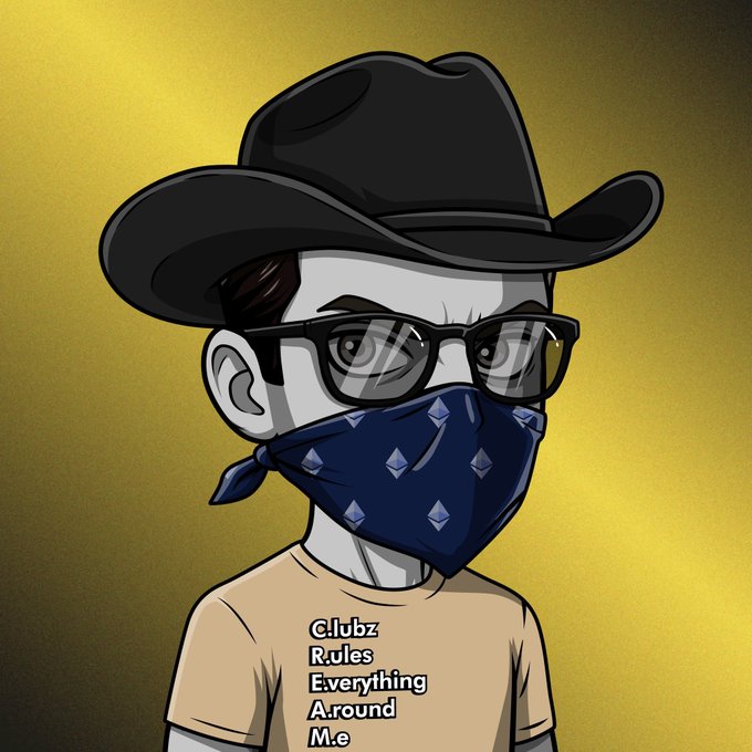 A stylized illustration depicts a figure wearing a black cowboy hat, dark glasses, and a blue bandana over their face, with a t-shirt reading 'C.lubz R.ules E.verything A.round M.e'.
