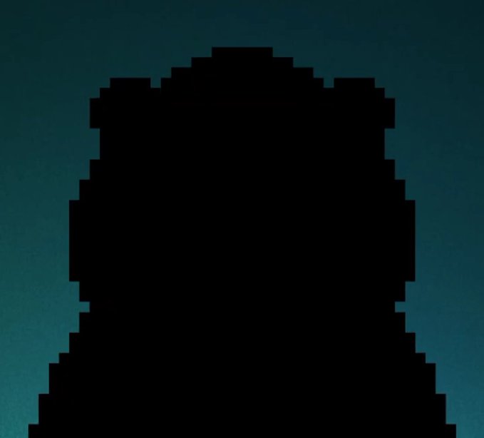 A dark, pixelated silhouette of a person against a dark teal background, with only the stepped outline visible.