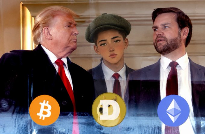 An AI-generated image showing Donald Trump on the left, a young boy in a green cap in the center, and JD Vance on the right, with Bitcoin, Dogecoin, and Ethereum logos overlaid at the bottom.