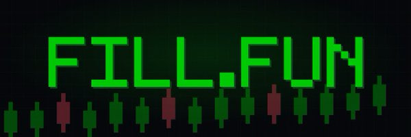 The image displays a dark, futuristic banner with the text "FILL.FUN" in pixelated green digital font, accompanied by candlestick chart graphics resembling stock market data. This visual matches the branding of the $FILL memecoin protocol mentioned, evoking its stock perpetual (stock-perp) trading theme through the candlestick motif.