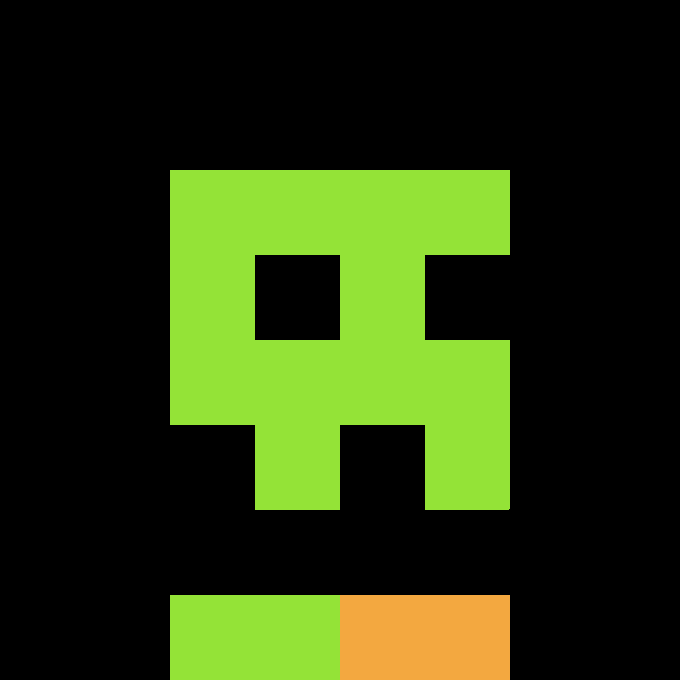 A pixel art image showing a green character or figure with a square body, rectangular eye, and two legs on a black background, with a green and orange bar at the bottom.