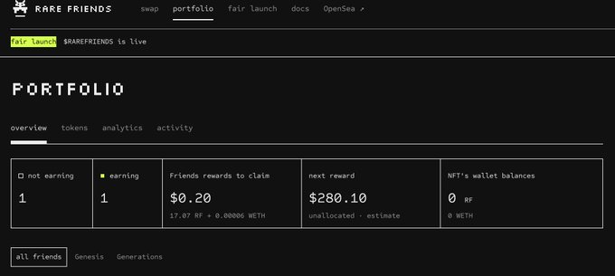 A portfolio dashboard on the Rare Friends NFT platform showing 1 earning NFT, $0.20 in friends rewards to claim, and a next reward estimate of $280.10.
