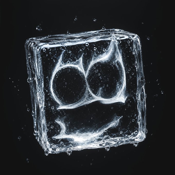A translucent ice cube with air bubbles suspended inside, featuring a stylized face carved or frozen within it against a black background.