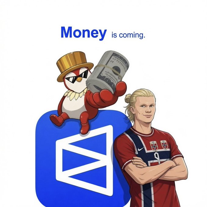 A cartoon red bird mascot wearing a top hat holds a rolled bundle of $100 bills next to a blonde male athlete in a red Norway jersey (#9), with the text "Money is coming." displayed above. The image promotes Polymarket betting calls on the listed sporting events, with the money imagery emphasizing the potential winnings from prediction market wagers.