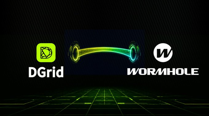 A graphic showing the logos of 'DGrid' and 'WORMHOLE' connected by a glowing green and blue wormhole visual against a dark background.
