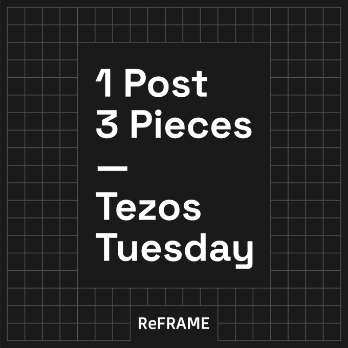 The image features a black square with white text that reads "1 Post 3 Pieces Tezos Tuesday". The text is arranged in a grid format, making it easy for viewers to read and understand the content of the post.