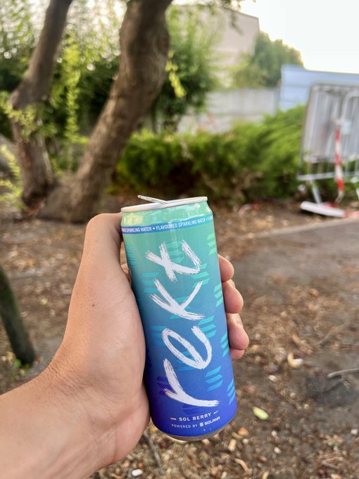A hand holding a blue and teal gradient can of 'LOKAL' sparkling water with 'SOL BERRY' flavor, photographed outdoors with trees and shrubbery in the background.