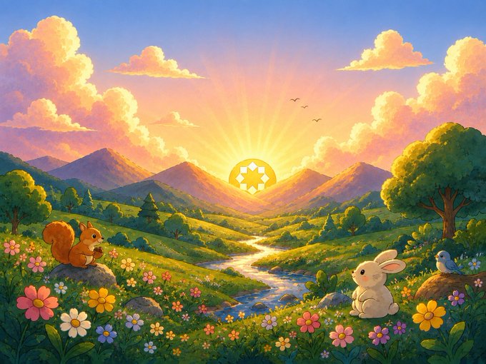 A vibrant illustrated landscape features a sunset over mountains with a Bitcoin logo as the sun, where a squirrel and rabbit sit among colorful flowers in a grassy meadow with a winding stream.