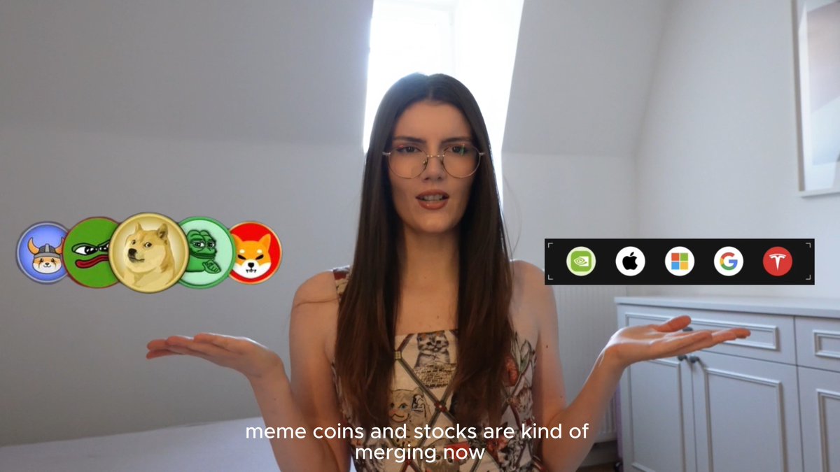 A woman with glasses and long hair stands with both palms up in a shrugging gesture, with cartoon meme coin icons (including Floki, Pepe, Doge, and Shiba Inu) floating on her left and stock/tech company logos (a messenger app, Apple, Microsoft, Google, and Tesla) on her right. The caption reads "meme coins and stocks are kind of merging now," illustrating the convergence of cryptocurrency and stock market trends she explores on Flap.sh.