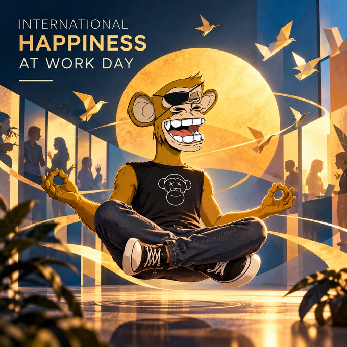 An illustration celebrating 'INTERNATIONAL HAPPINESS AT WORK DAY' featuring a cartoon monkey wearing an eye patch and a Bored Ape t-shirt, meditating in a lotus position.