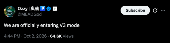 The image shows a tweet from Ozzy (@MEADGod) reading "We are officially entering V3 mode," posted on October 2, 2026, with 64.6K views, announcing the V3 upgrade for the $PONS project.