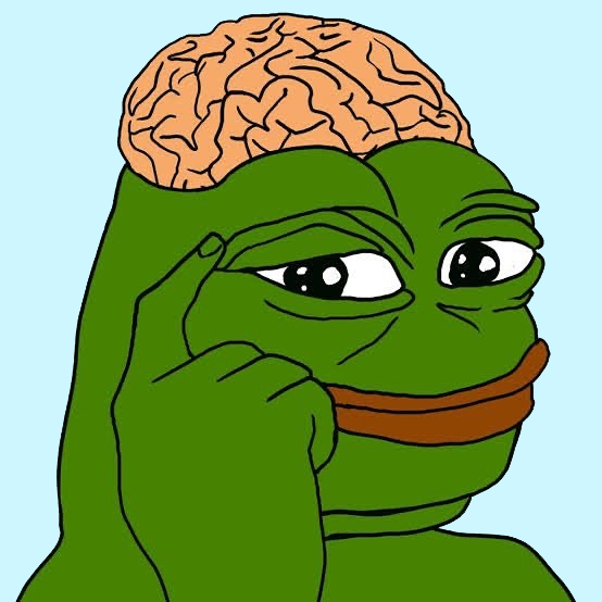A cartoon illustration of Pepe the Frog with an exposed brain on top of his head, featuring a thoughtful expression with his hand resting on his chin against a light blue background.