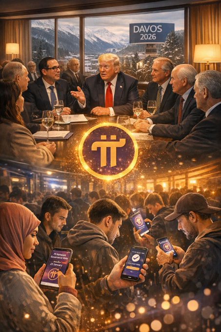 In the top panel, Donald Trump and other figures are pictured in a meeting with a "DAVOS 2026" sign, while the Pi Network logo hovers above; the bottom panel shows a diverse crowd of people holding up phones displaying the Pi Network logo, reflecting the community aspect.