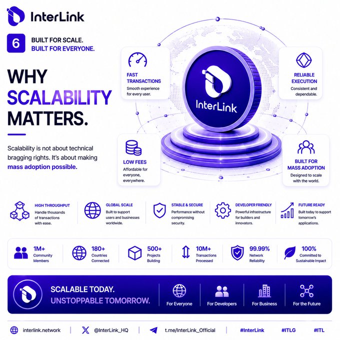 The image shows a purple coin icon with text that explains why scalability matters, particularly for cryptocurrency projects. The text highlights the importance of scalability in terms of transaction speed, fees, reliability, execution time, and user experience. It emphasizes that scalability is not about boasting technical superiority but rather ensuring mass adoption by providing fast transactions, low fees, and reliable execution.