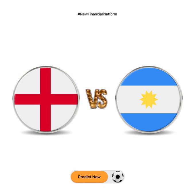 The image features circular icons of the flags of England and Argentina separated by "VS," with a "Predict Now" button and soccer ball below, under the hashtag "#NewFinancialPlatform." This visual supports the post's invitation to predict the outcome of the England vs. Argentina match for a chance to win $1,000,000 in MNT rewards via the provided Bybit link.