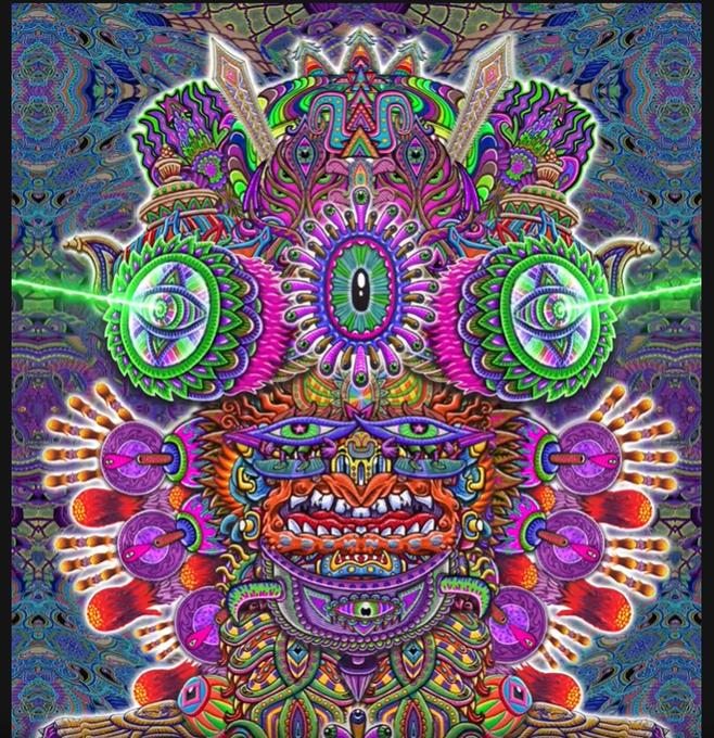 A highly detailed, symmetrical psychedelic artwork featuring multiple eyes, intricate patterns, and vibrant colors in green, purple, orange, and blue.