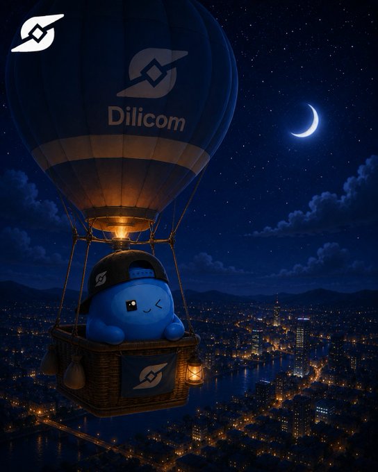 A whimsical nighttime scene showing a cute blue blob character wearing a cap with '258' in a hot air balloon labeled 'Dilicom', floating above a lit cityscape with a crescent moon and stars.
