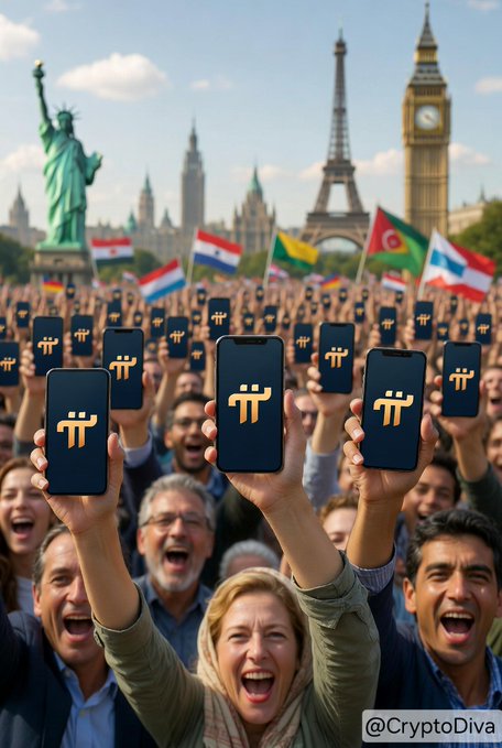 An AI-generated image shows a diverse crowd holding up smartphones displaying a gold 'TT' logo, with international flags and famous landmarks like the Statue of Liberty, Eiffel Tower, and Big Ben in the background, watermarked '@CryptoDiva'.