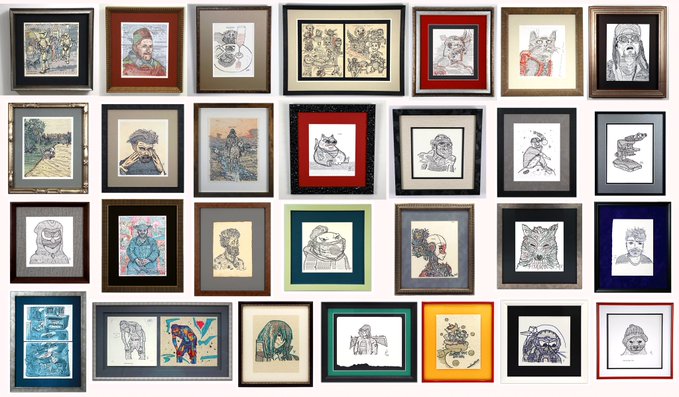 A gallery wall displaying 28 framed character illustrations and sketches in various styles, featuring portraits of people, cats, frogs, and other subjects in colorful frames.