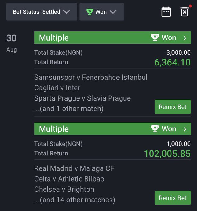 A sports betting app screenshot showing two won multiple bets on August 30: one with a 3,000.00 NGN stake returning 6,364.10 (including Samsunspor v Fenerbahce Istanbul and Cagliari v Inter), and another with a 1,000.00 NGN stake returning 102,005.85 (including Real Madrid v Malaga CF and Chelsea v Brighton, among 14 other matches).