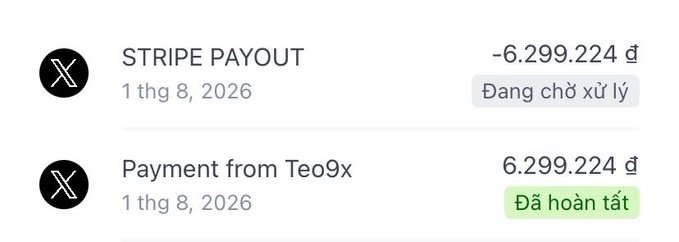 The image shows a Stripe payout of -6.299.224₫ (pending processing) alongside a completed payment of 6.299.224₫ from "Teo9x" dated August 1, 2026, illustrating the modest earnings referenced in the post.