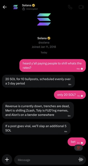 The image shows a phone screen displaying text messages or a chat conversation between two people discussing the "solana" meme. One of them sent this message, which reads: " Heard ya paying people to slilwth tht the 20SOL for bullposts, scheduled ever over a 10 day period". The other person's response is that it is funny and they have joined in on the joke. A message about a social media platform or event has also been added, which reads: "revenue is currently down, and we've got some memes going viral."
