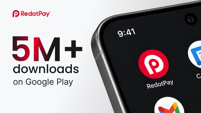 A promotional graphic featuring the RedotPay logo in the top left announces "5M+ downloads on Google Play" alongside an image of a smartphone displaying the RedotPay app icon, visually supporting the milestone achievement highlighted in the accompanying post.