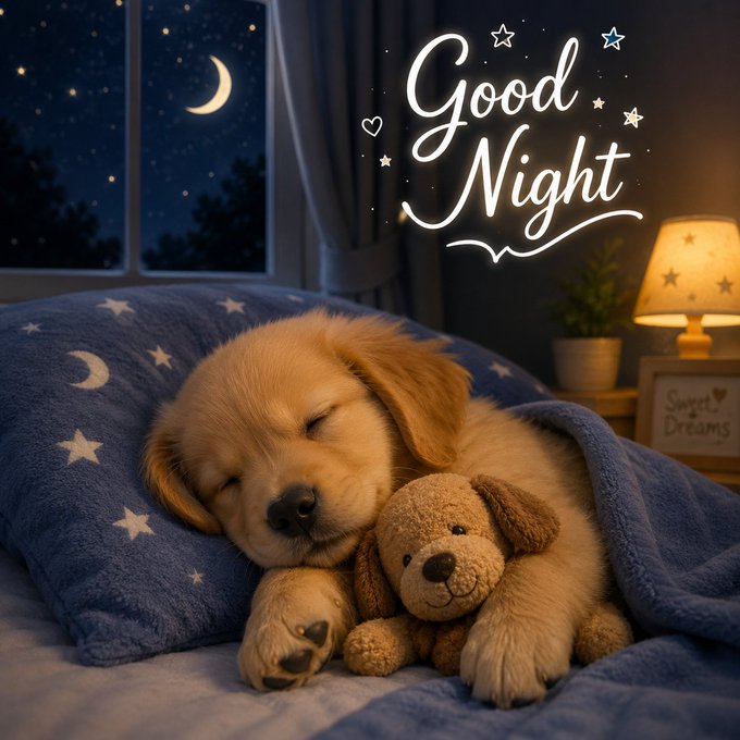 A sleeping golden puppy cuddles a teddy bear under a starry blue blanket, with a glowing "Good Night" text and a night sky featuring a crescent moon and stars in the background. The cozy, peaceful scene complements the post's bedtime message of rest, peace, and sweet dreams to Crypto Twitter.