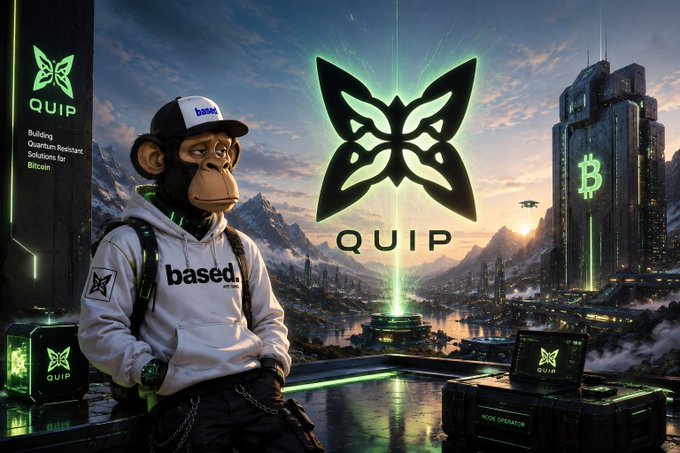 A digital artwork of a chimpanzee wearing a white 'based.' hoodie and cap, standing in a futuristic cityscape with a large glowing 'QUIP' butterfly logo and text reading 'QUIP Building Quantum-Resistant Solutions for Bitcoin.'