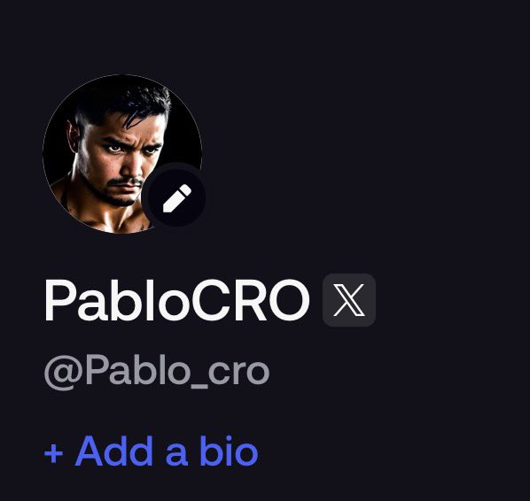A Twitter/X profile display shows the name 'PabloCRO' with the handle '@Pablo_cro', featuring a profile picture of a man, with a '+ Add a bio' option visible.