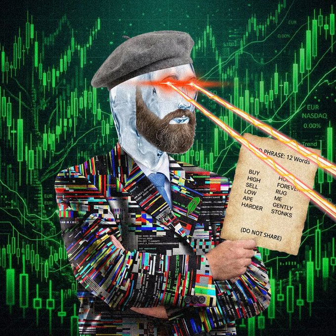 A surreal collage shows a figure wearing a beret and a suit made of stock tickers and color bars, with laser eyes shooting toward a memo listing "BUY HIGH SELL LOW" alongside words like APE, HARDER, HODL, FOREVERUG, GENTLY STONKS, and "(DO NOT SHARE)" against a green stock chart background.