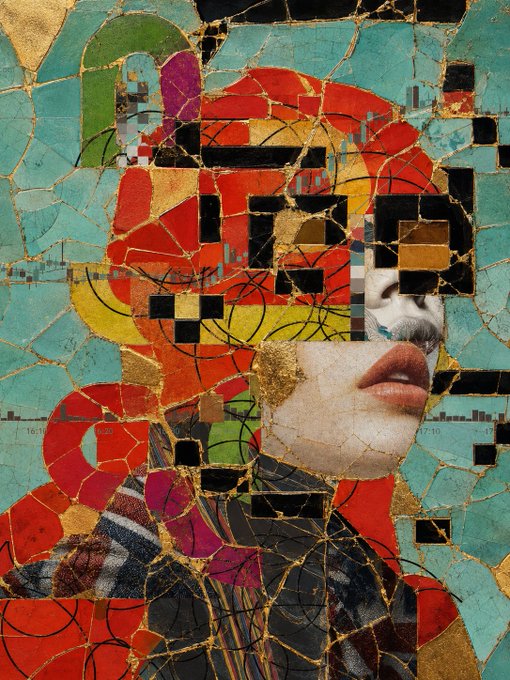 A colorful digital collage/mosaic artwork depicting a woman's face with red lips and dark hair, fragmented with pixelated blocks, gold accents, and teal turquoise patterns.