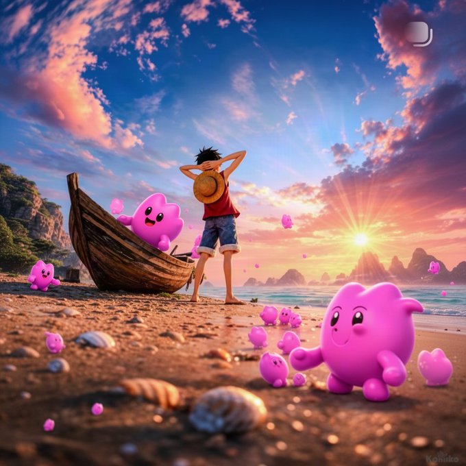 An AI-generated illustration of a boy with a straw hat standing next to a wooden boat on a beach at sunset, surrounded by multiple pink, cute blob-like creatures, with a 'Komiko' watermark.