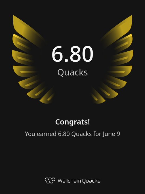 The image features a poster with an award for Quacks, which has gold wings printed on it. The text on the poster congratulates the user on their Quacks achievement and mentions that they have earned 6.8 Quacks from @wallchain At least select campaign didn' t remove me from earning Quacks, why will I disturb myself? It's always been about consistency both on the Leaderboard and on personal brand building. Don't forget to check out @quipnetwork so you don' t.