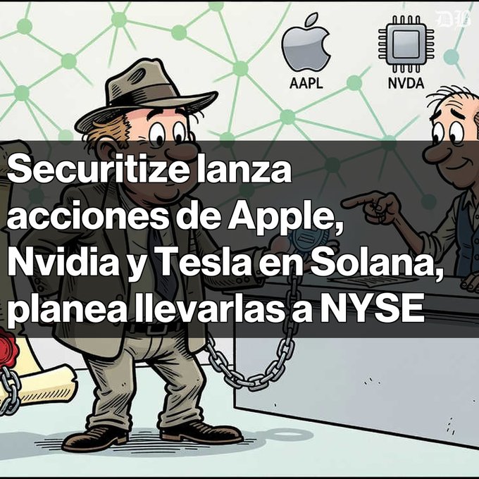 A cartoon illustration overlaid with Spanish text 'Securitize lanza acciones de Apple, Nvidia y Tesla en Solana, planea llevarlas a NYSE' features icons for Apple (AAPL) and Nvidia (NVDA) above the characters.