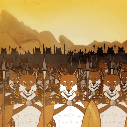 The image features a group of brown foxes standing next to each other with their heads tilted upwards, giving an impression that they might be looking at something or someone above them. The background shows mountains under a sunset sky, creating a picturesque setting for this scene. The caption "We are wolves, we are the Wolf Pack!" emphasizes the pack's nature and unity, while the image also includes a sword in the foreground, suggesting a connection to a medieval or fantasy theme.