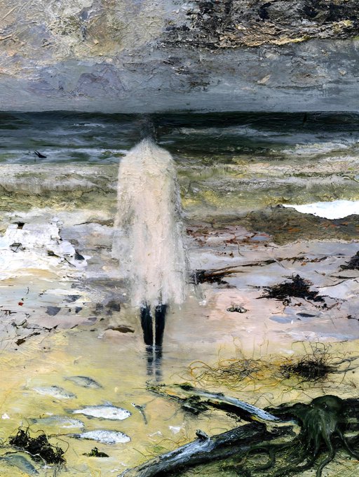An evocative, mixed-media style artwork depicts a figure in a flowing white garment standing on a shoreline, with fish in shallow water below and a dramatic, textured sky above.